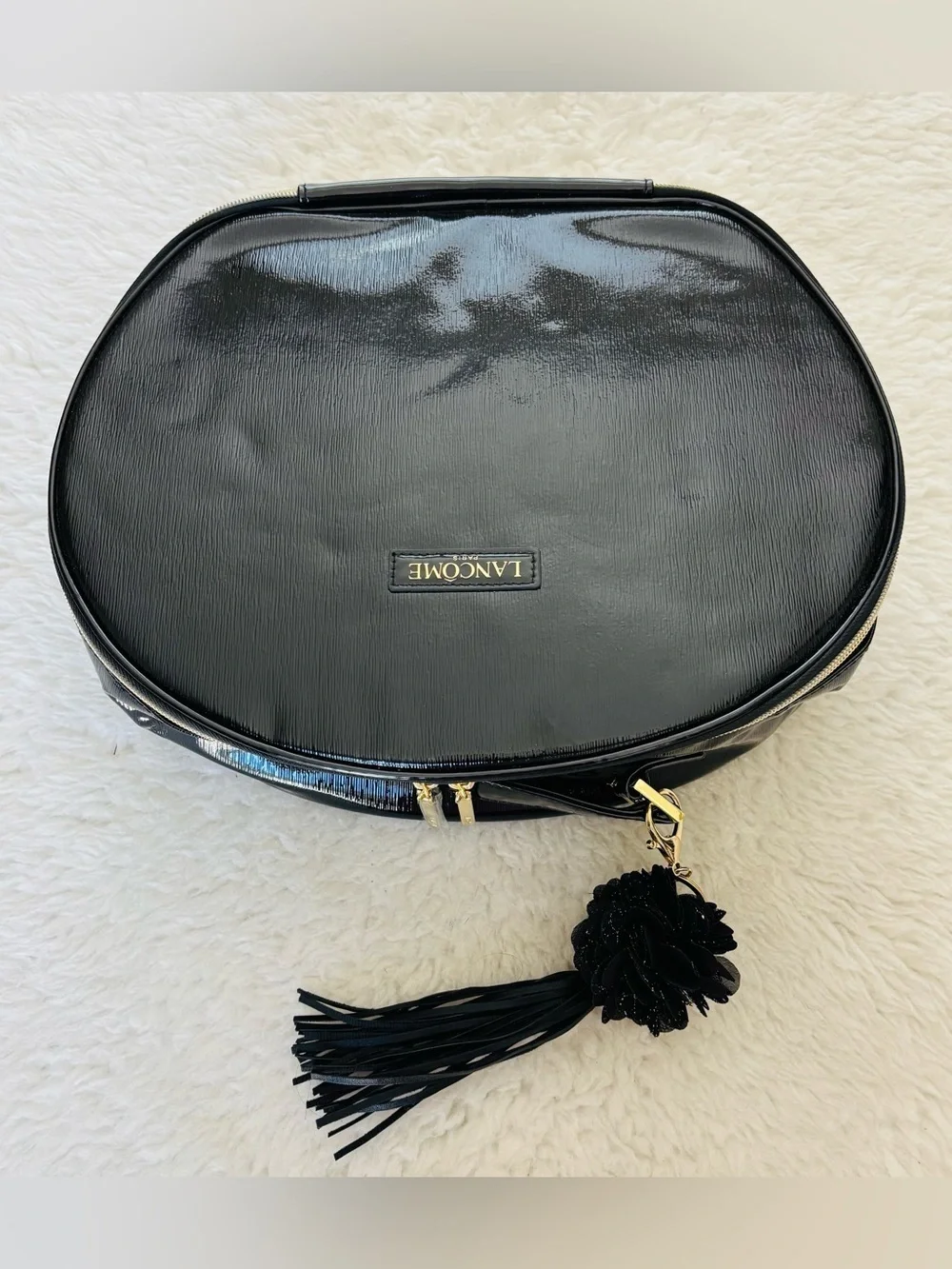 Lanncome Faux Black Patent Cosmetic Case with Tassel Travel Bag